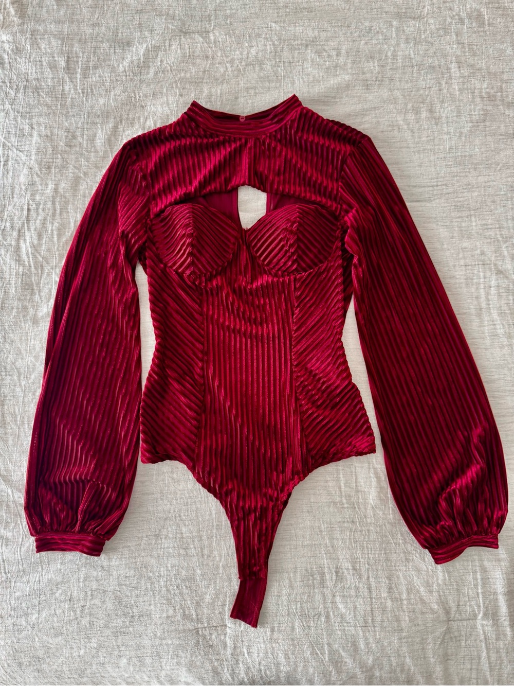 Lulu’s Velvet Pleated Bodysuit burgundy maroon Red